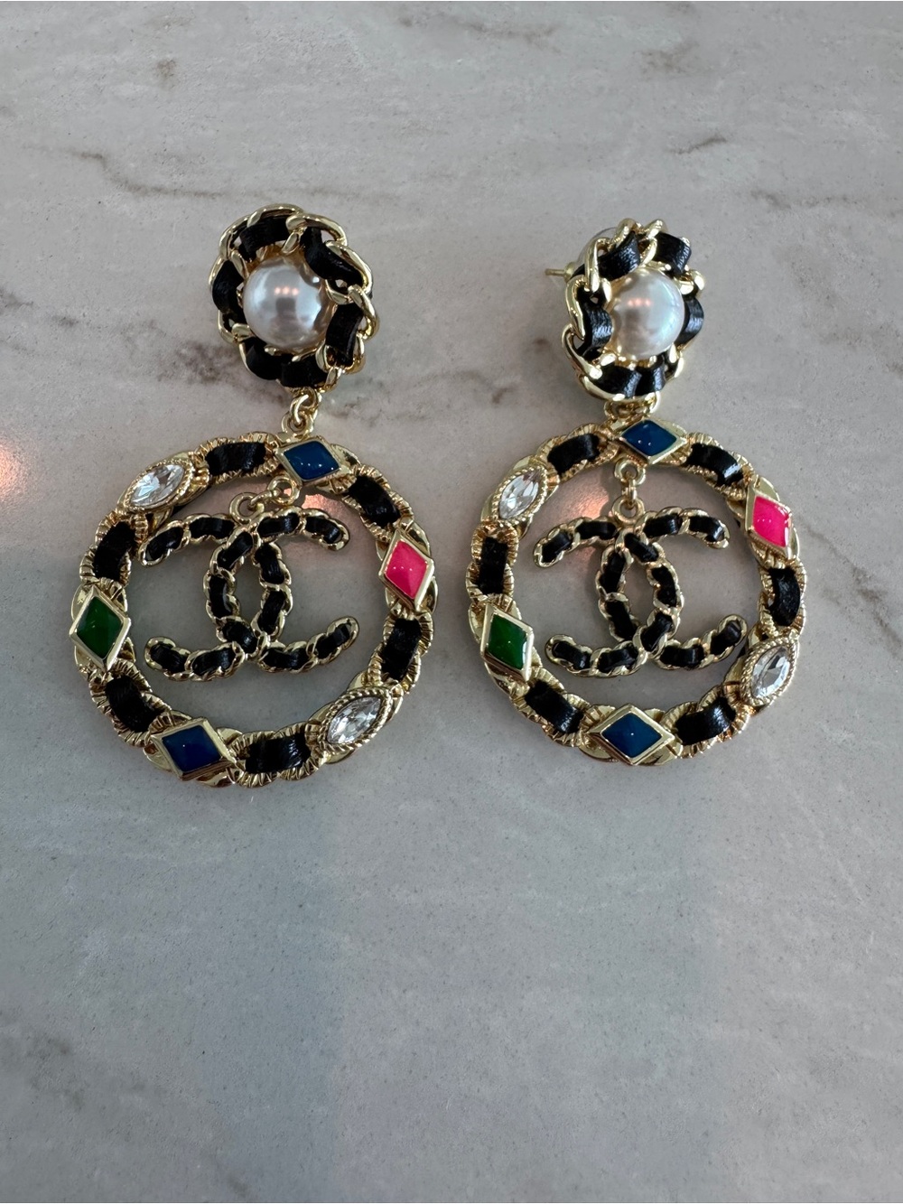 Gold-Tone Hoop Drop Earrings with Multicolor Accents and Pearl